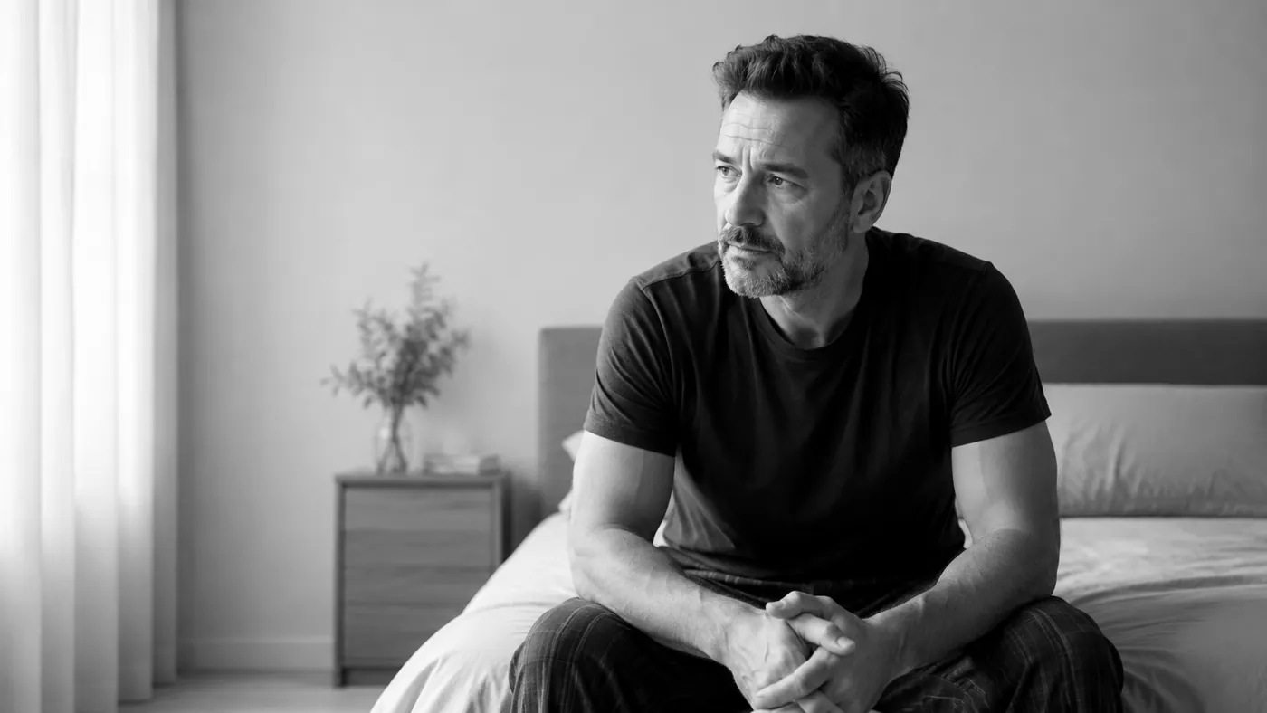 Yatak odasında, yatağın kenarında düşünceli oturan orta yaşlı bir adam — sertleşme sorununu temsil eden fotoğraf